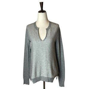 Rebecca Taylor Gray Cashmere Wool Blend Split V Neck Waffle Knit Sweater Size XS
